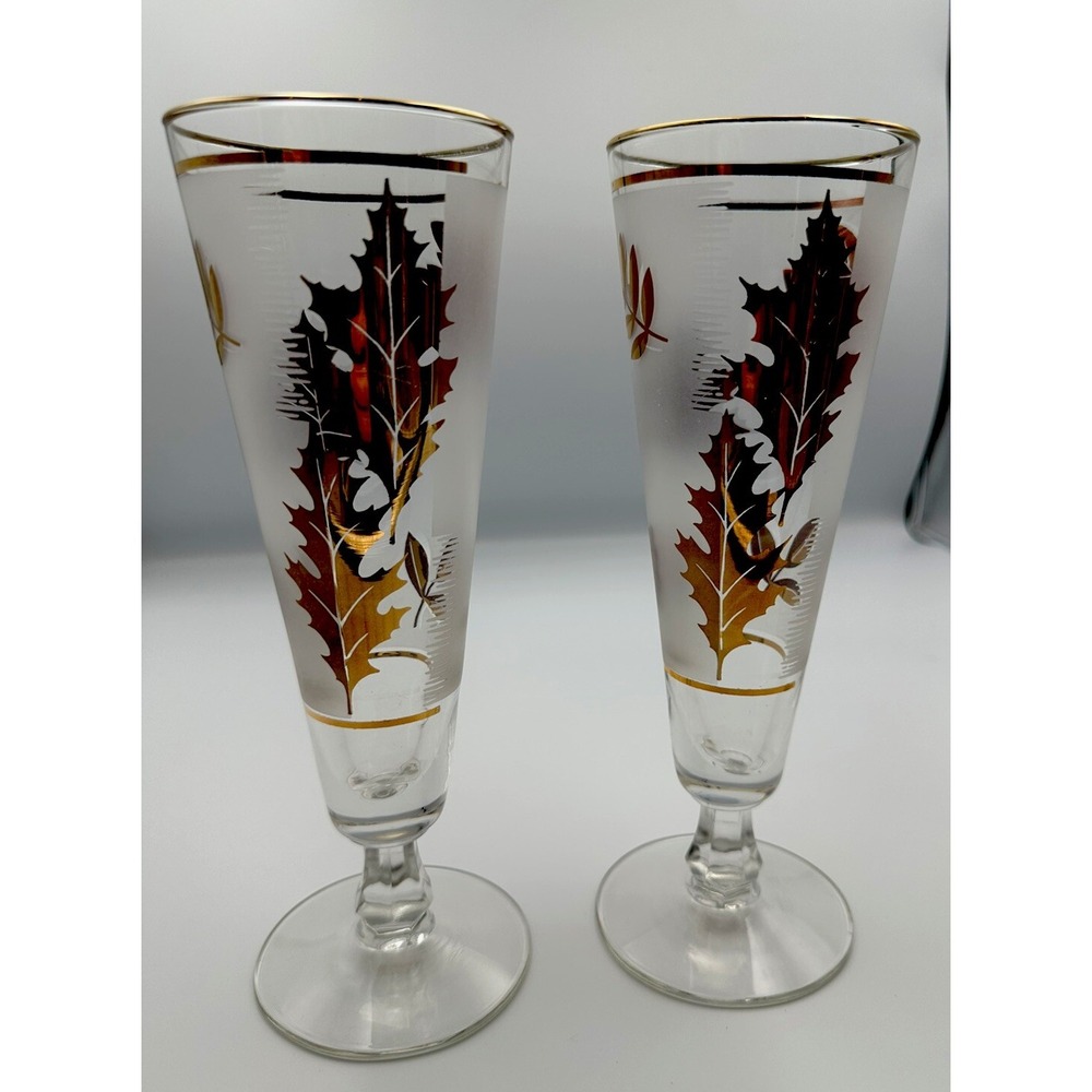 MID CENTURY MODERN Libbey Gold Leaf Foliage Set 2 Pilsner Beer Glasses Barware